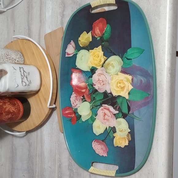 Vintage Serving Tray MCM Floral Roses Wrapped Handles - Picture 2 of 4